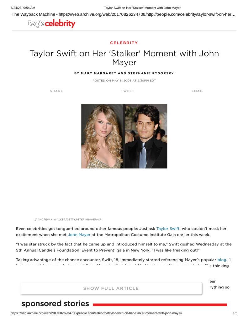 People Magazine: Taylor Swift on Her Stalker Moment with John Mayer